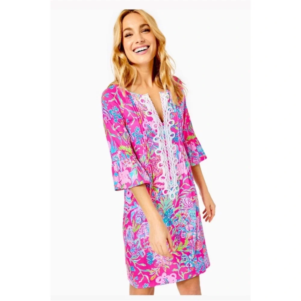 LILLY PULITZER Embroidered Neckline Tunic Dress Isle Shell Me Pink Size M NWT - Picture 5 of 7